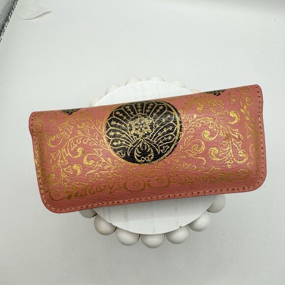 Vintage Pink Leather Eyeglass Case Black Gold Western Pattern Small Child size - Picture 2 of 12